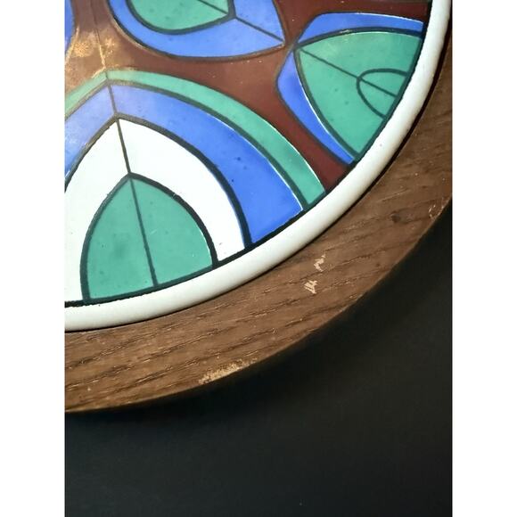 Vintage Fred Roberts & Co Tile Wood Trivet MCM Mod Round Deco 1960s Groovy Retro - Picture 2 of 7
